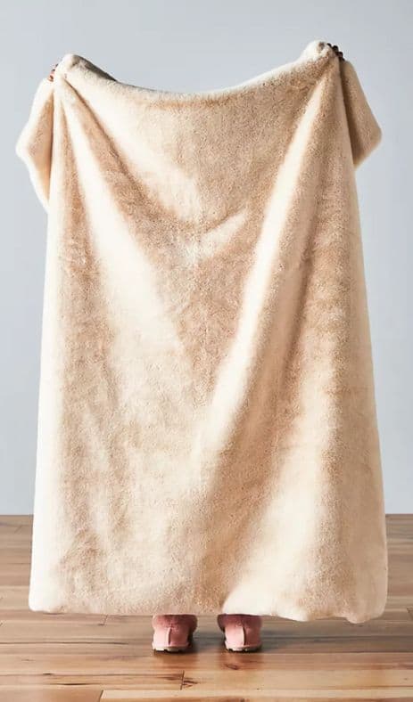 A blanket being held by a person but you can only see their feet below the blanket and their hands holding it at the top.