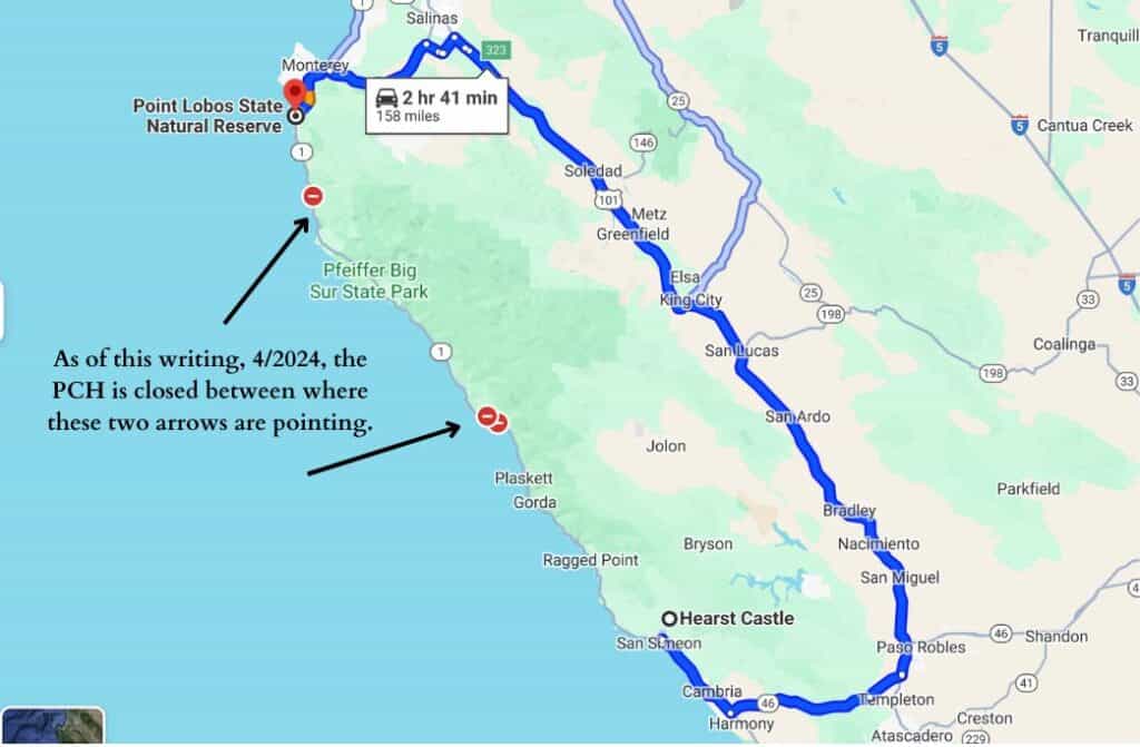 A Google map of Central California between Hearst Castle and Big Sur.