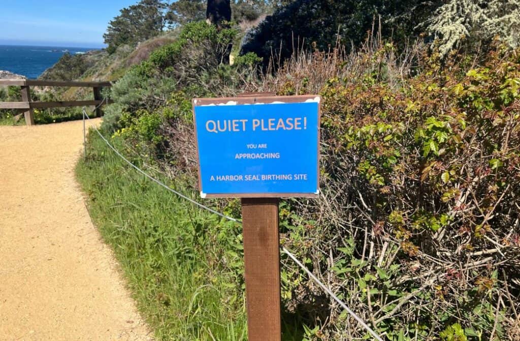 A sign that reads "Quiet Please! You are approaching a harbor seal birthing site."
