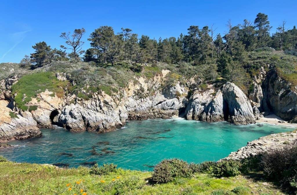 bright blue water surrounded by cliffs nad trees.