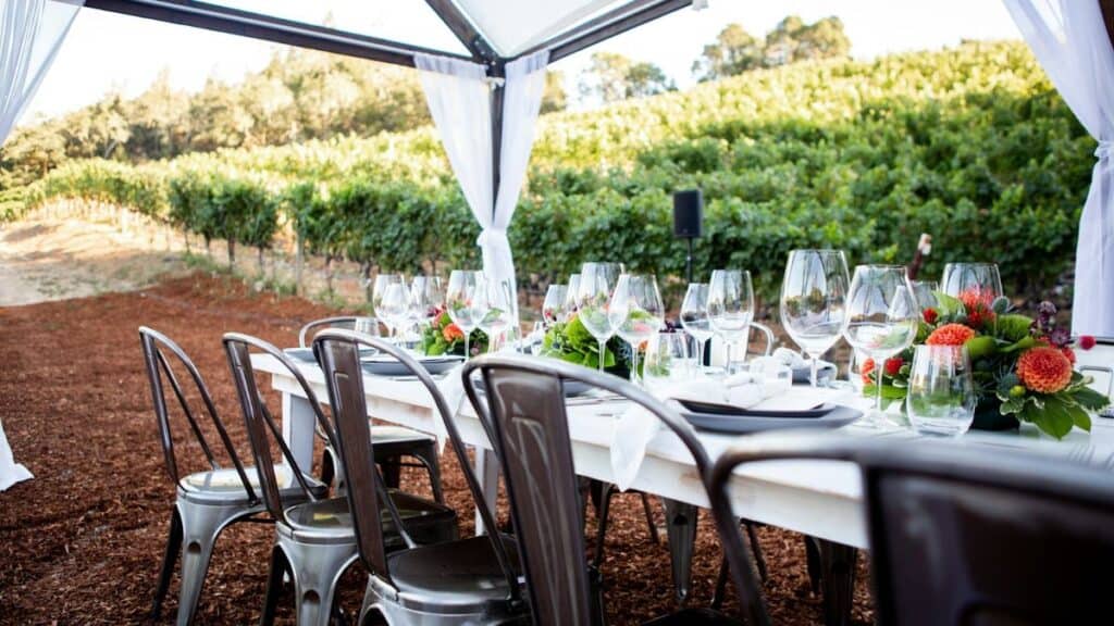 A large table outside under a canopy in Napa Valley in the fall.