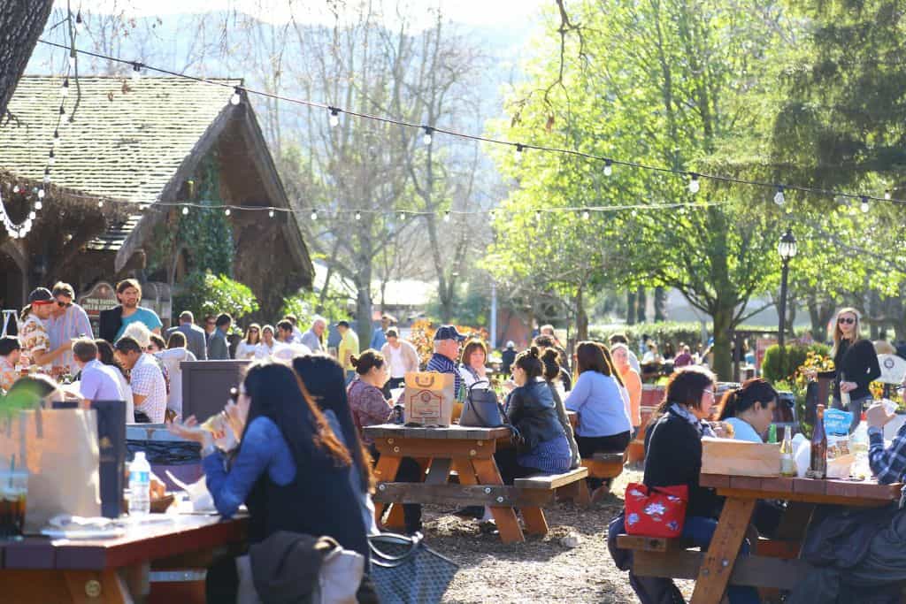 People sitting outside on many picnic table drinking in wine in Napa Valley.