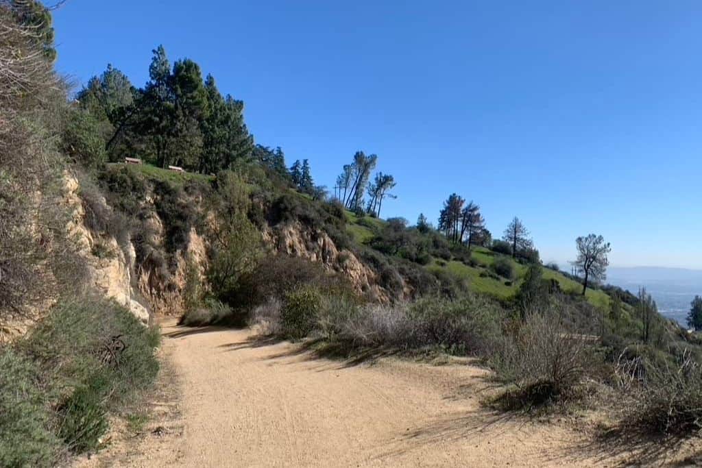 A sandy path up a mountain with green trees and shrubs. one of the pros and cons of living in Los Angeles