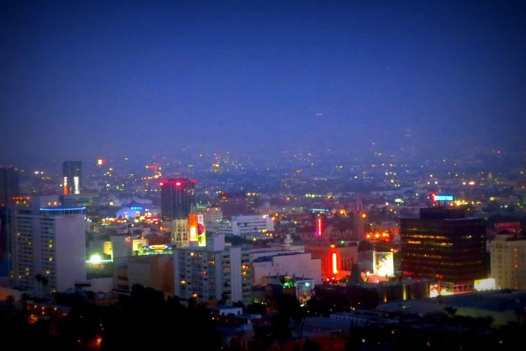 The West Hollywood skyline at night.
